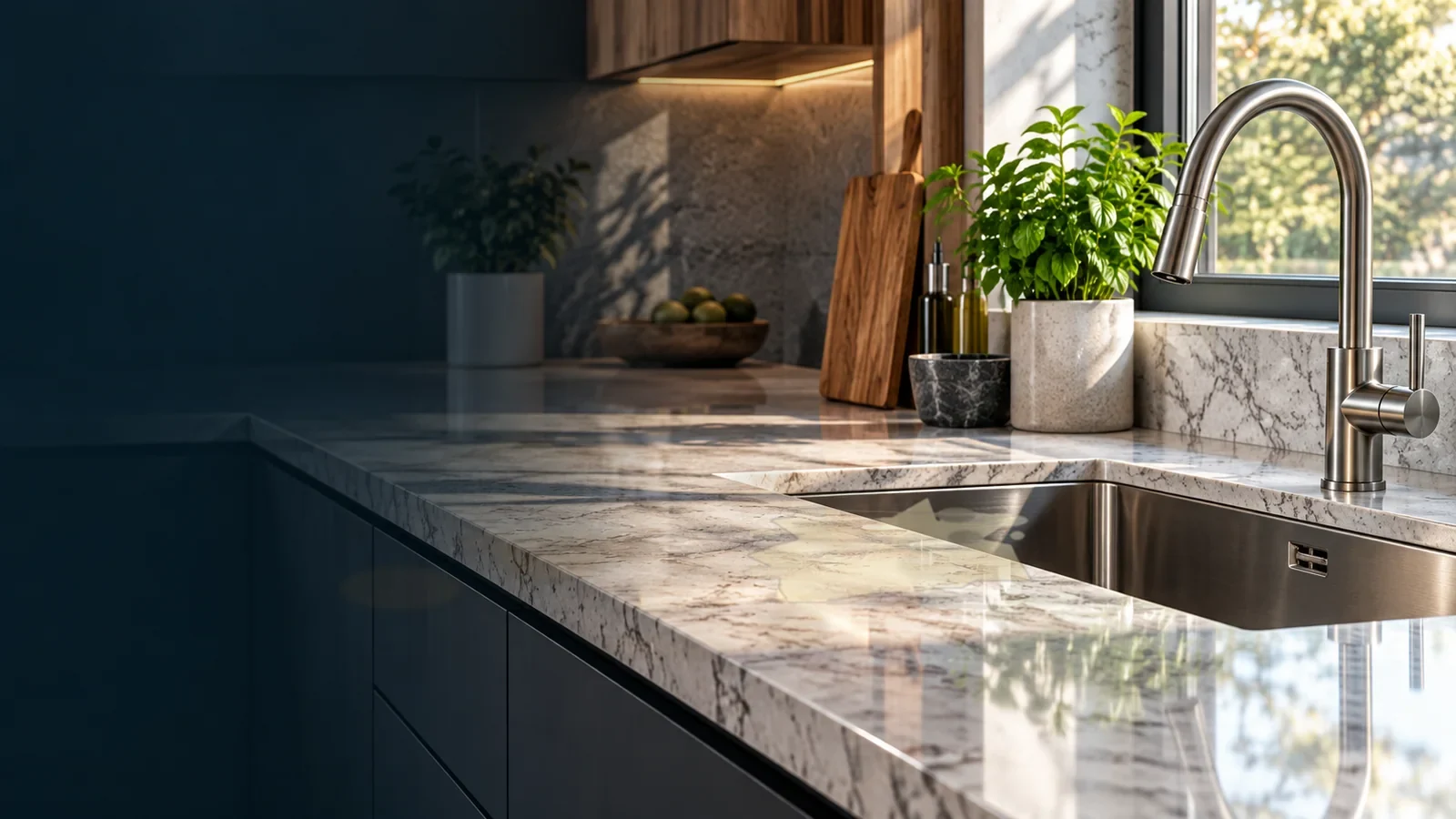 Oil staining on a granite kitchen countertop